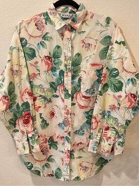 Message Vintage Floral Button-Up Shirt in Cream Rose Pink & Green